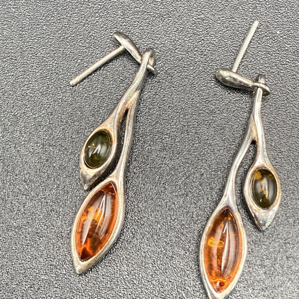 Unsigned 925 Sterling Silver Dangle Earrings Vintage Amber Brown Green 1.25"